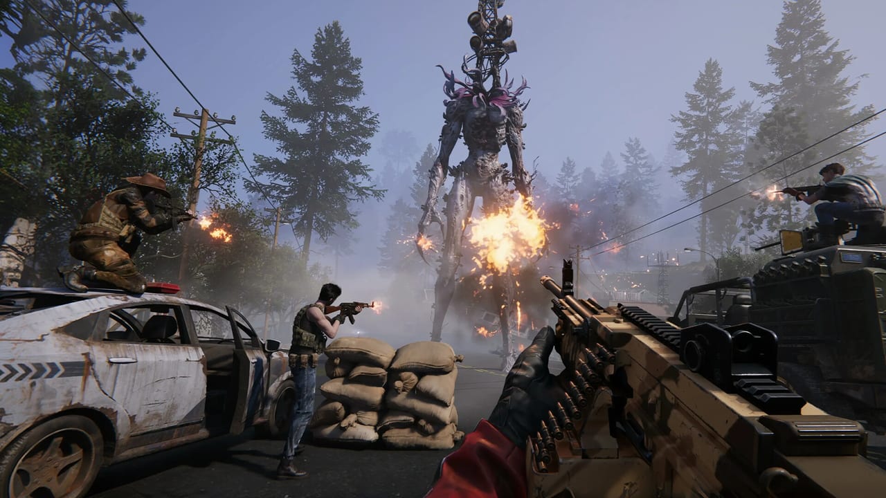 First-person Once Human firefight against a towering Deviation in a forested roadside ambush